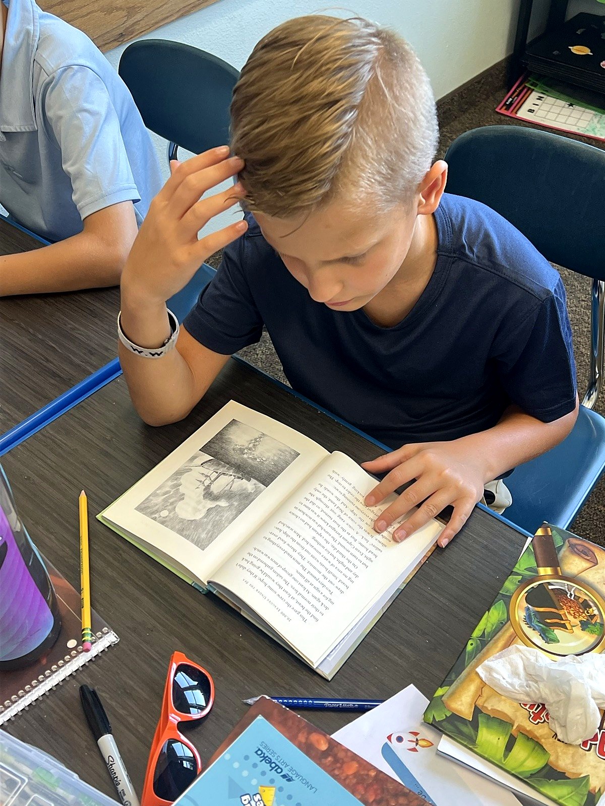 A young student reading a chapter book at his desk