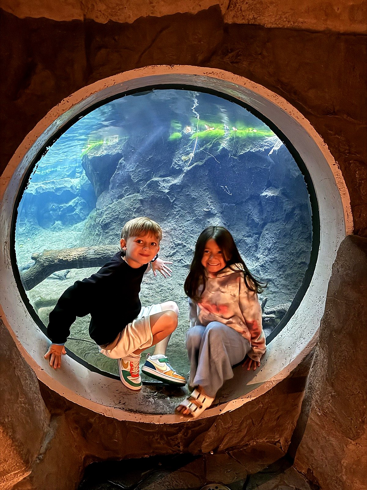 Two Spring Mountain students at an aquarium window during a field trip